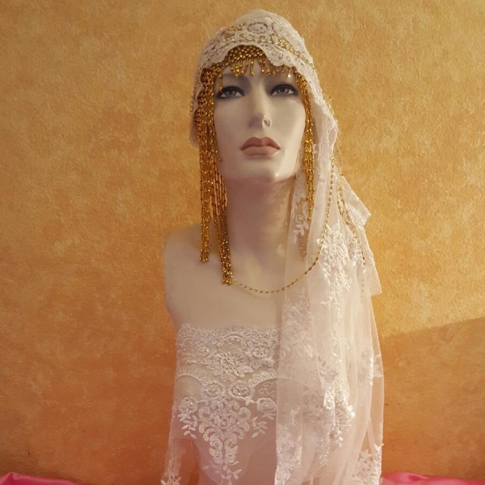 Gatsby Ivory & Gold Beaded Lace Crystal Headpiece